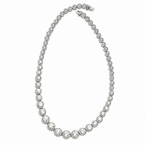 Solid 925 Sterling Silver 9-Station Round Cut Cubic Zirconia 18in Necklace 